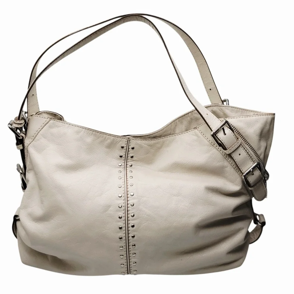 Michael Kors Ivory Leather Shoulder Bag Hobo Purse Studded Buckle Strap MK